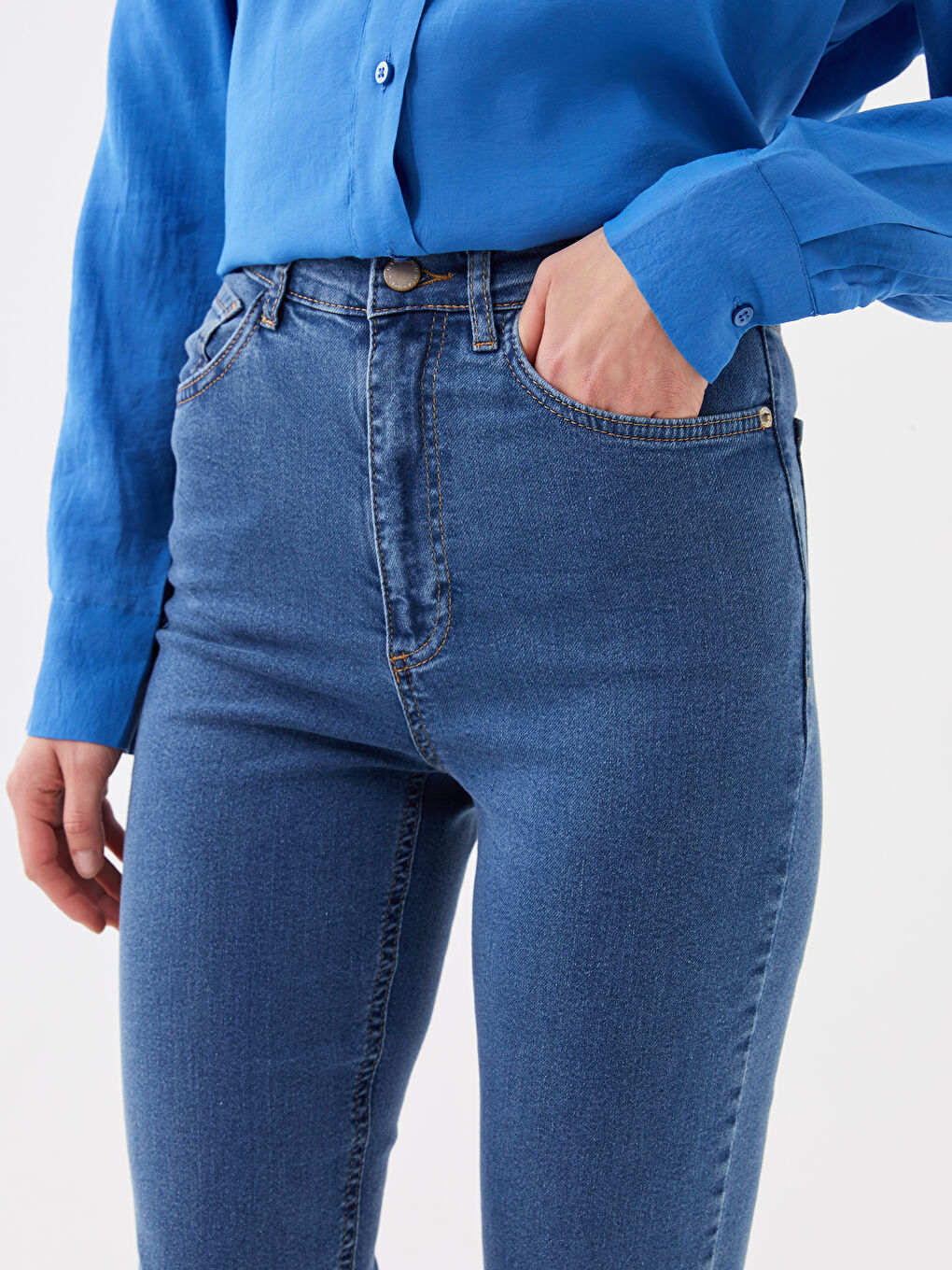 Women's High Waisted Slim Fit Regular Denim Trousers-2