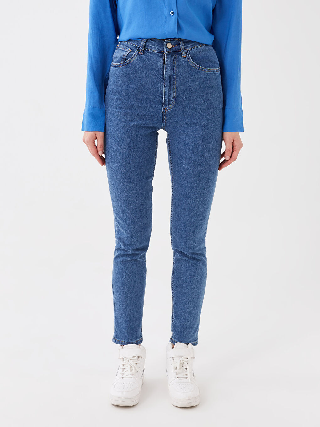 Women's High Waisted Slim Fit Regular Denim Trousers-3