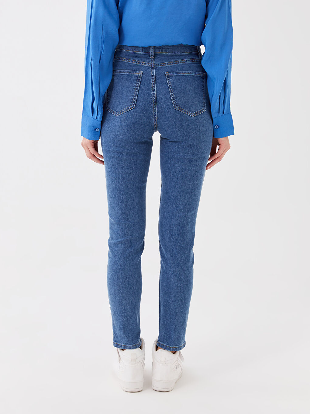 Women's High Waisted Slim Fit Regular Denim Trousers-4