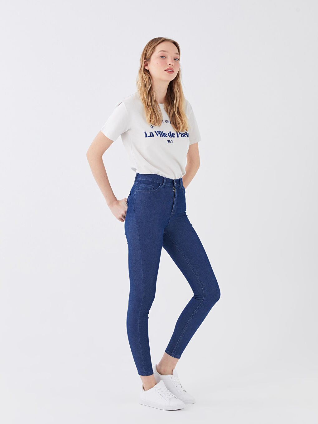 İndigo Yüksek Bel Slim Fit Kadın Jean Pantolon-1