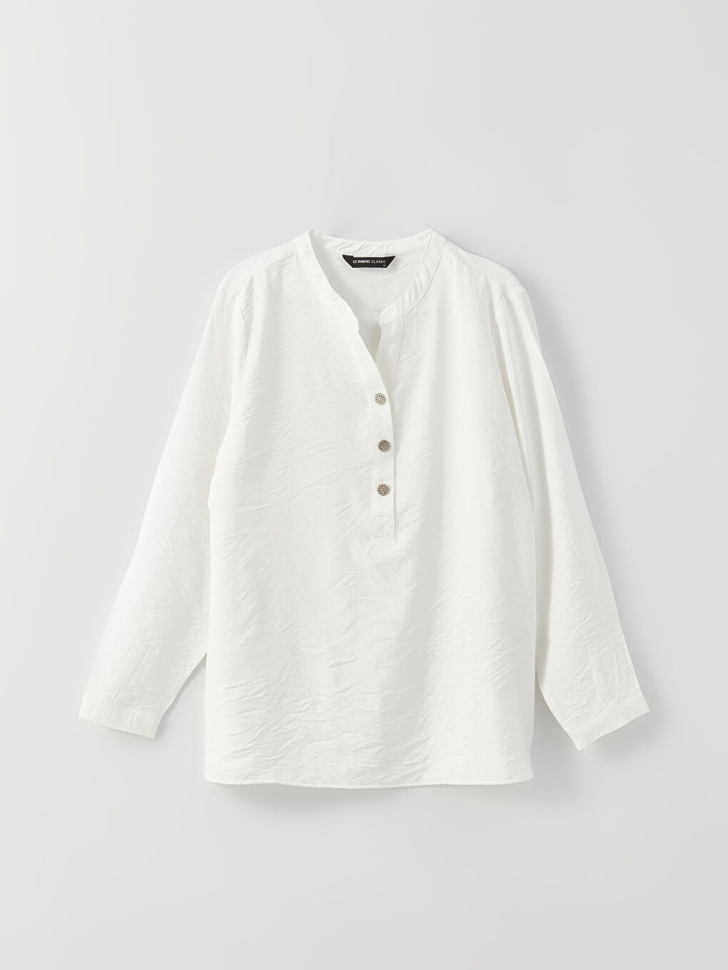 Ekru Kaçık Yaka Düz Uzun Kollu Kadın Bluz-5