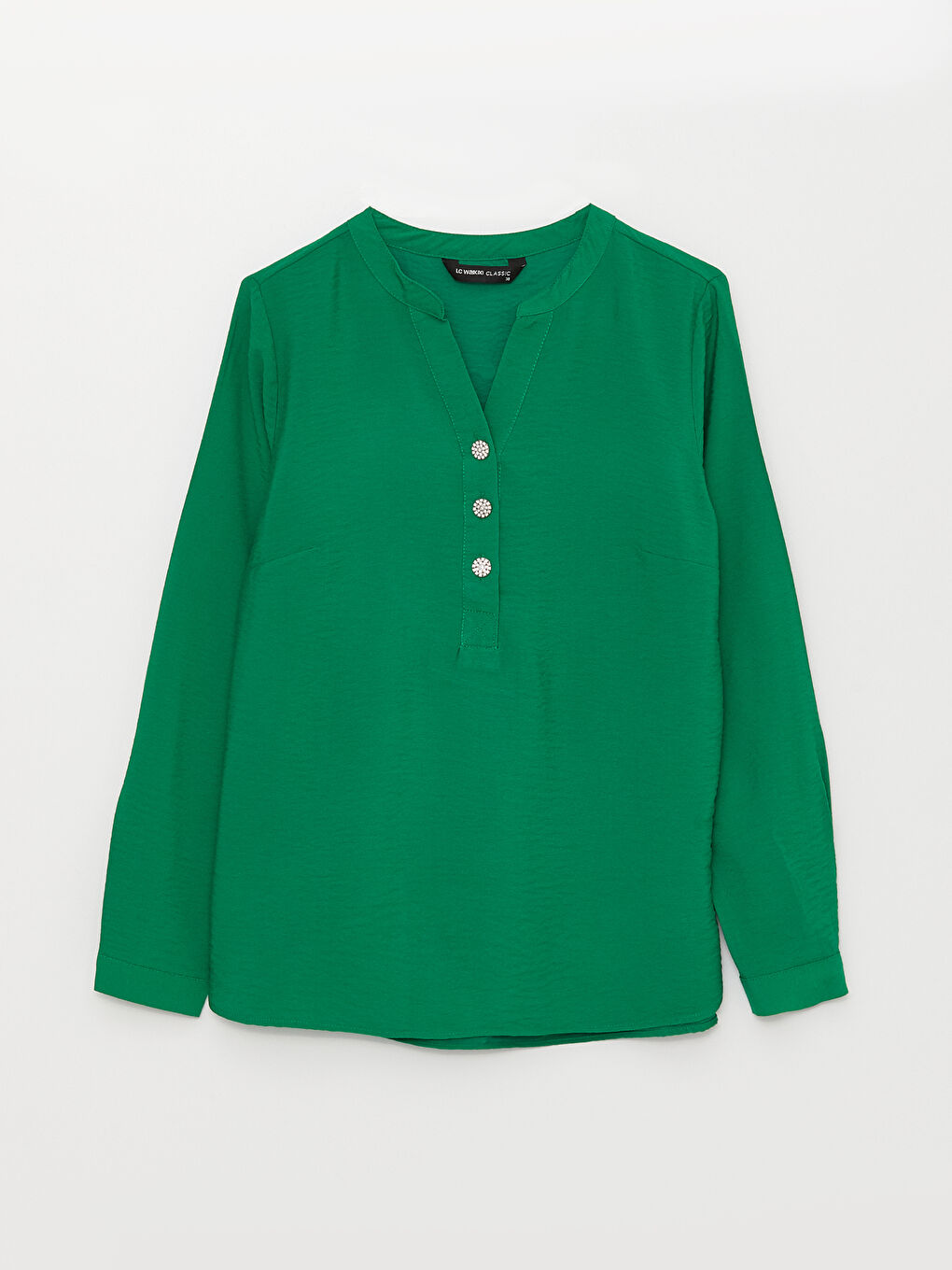 Yeşil Kaçık Yaka Düz Uzun Kollu Kadın Bluz-5