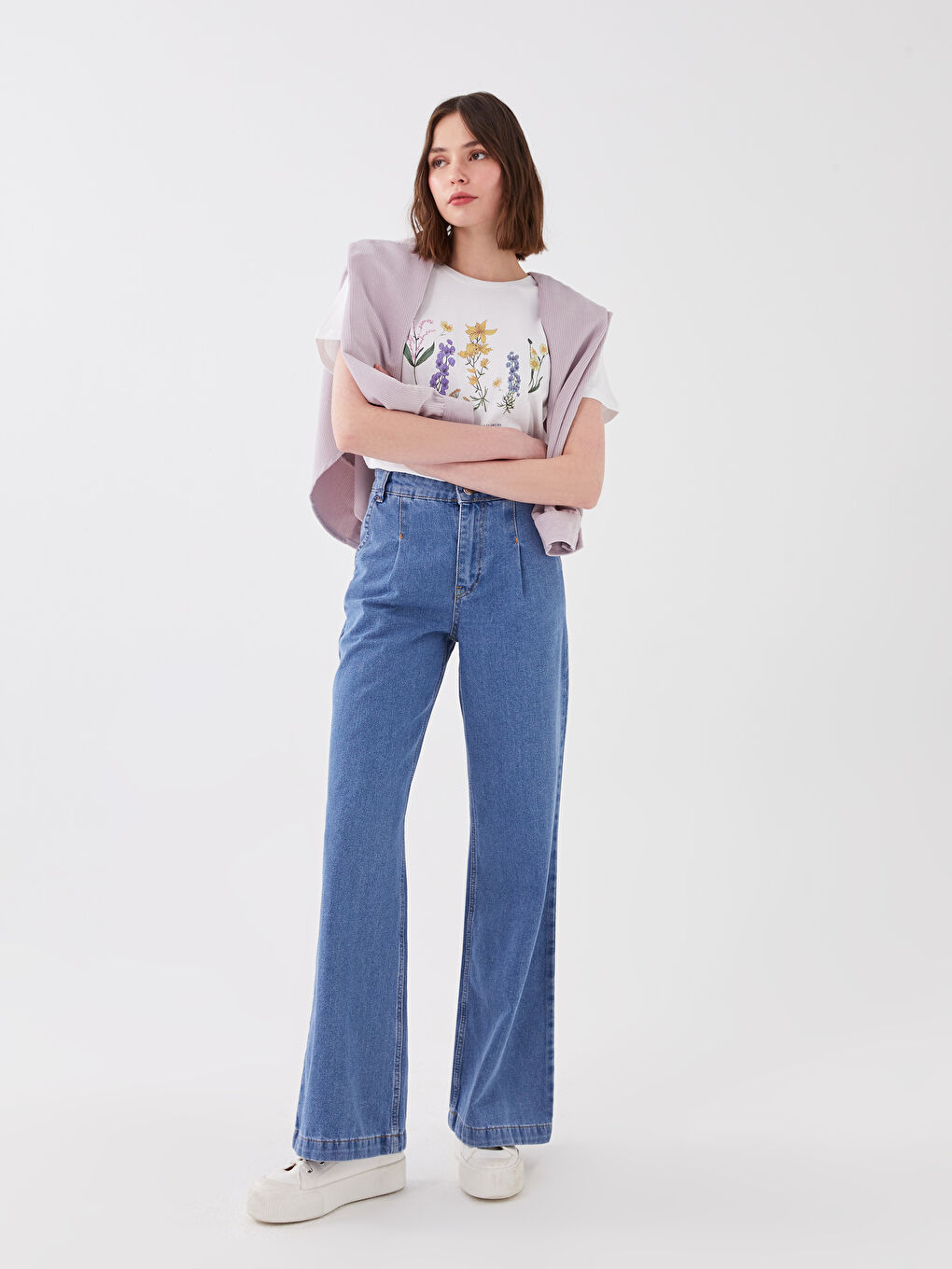 Mavi Yüksek Bel Rahat Kalıp Kadın Jean Pantolon-1