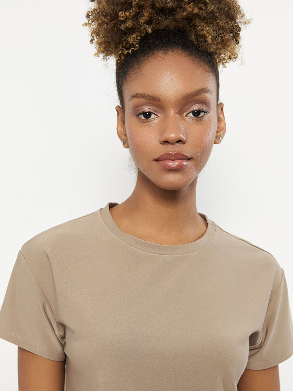 Crew Neck Plain Short Sleeve Women's Crop-1