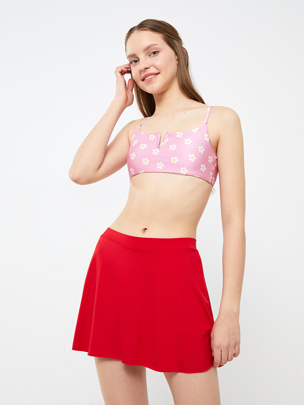 Kırmızı Kadın Beli Lastikli Düz Yüzme Şort Etek