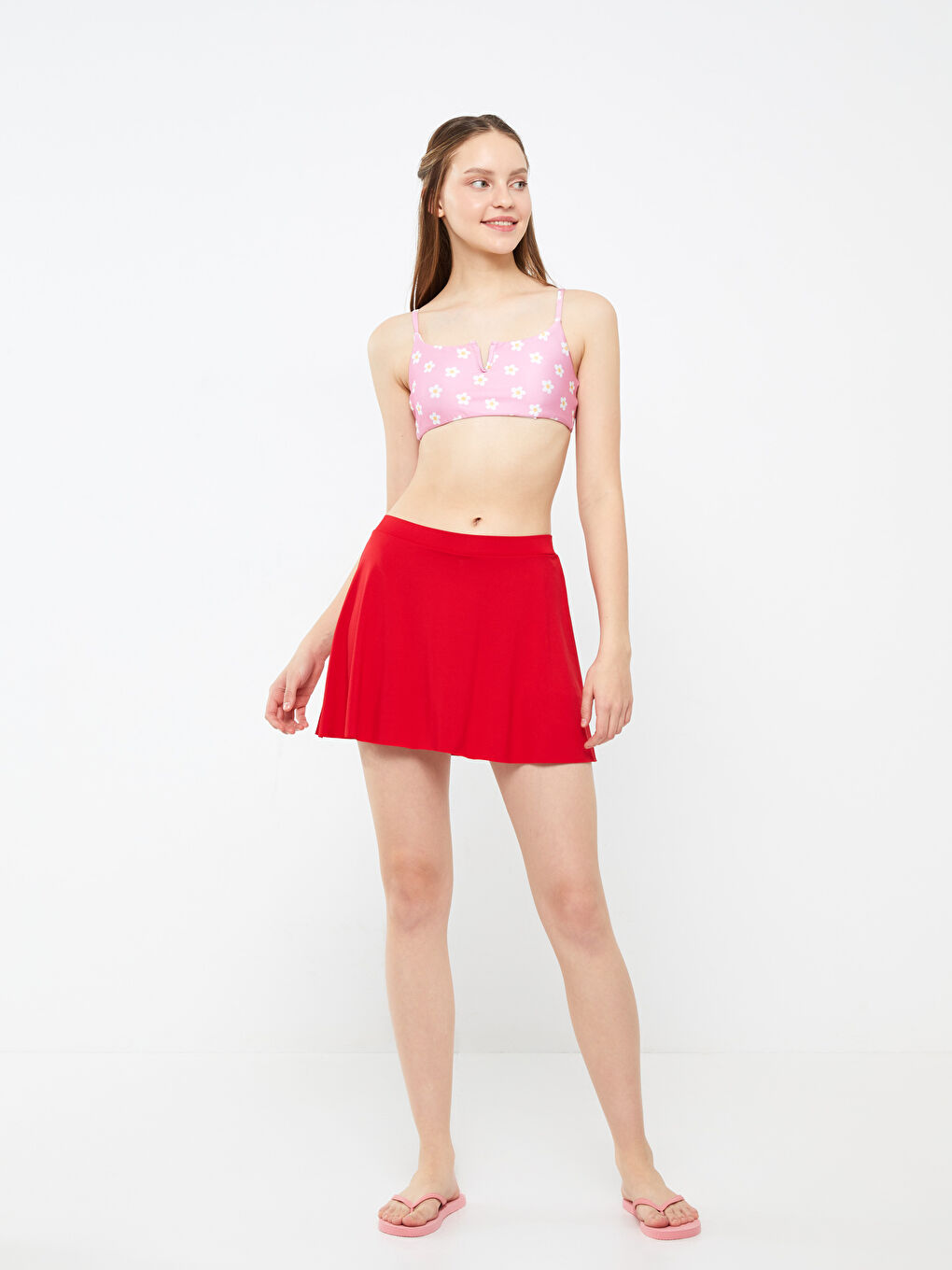 Kırmızı Kadın Beli Lastikli Düz Yüzme Şort Etek-1