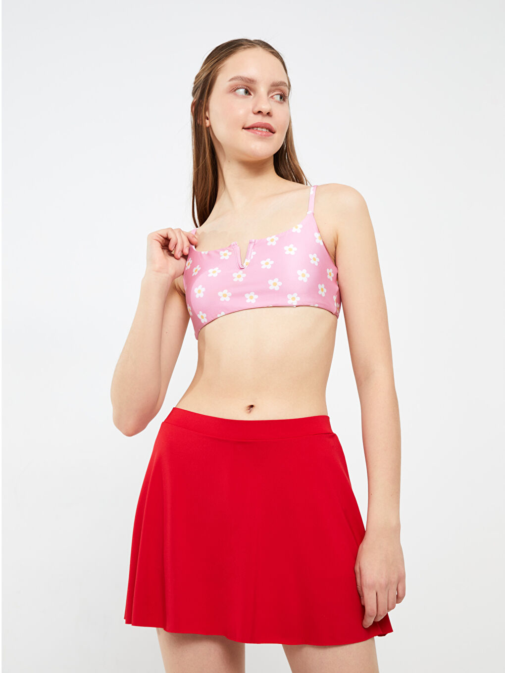 Kırmızı Kadın Beli Lastikli Düz Yüzme Şort Etek-2