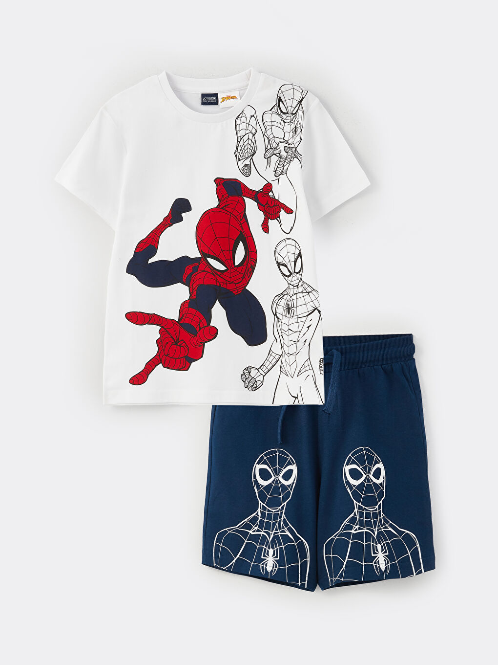 Beyaz Bisiklet Yaka Spider-Man Baskılı Kısa Kollu Erkek Çocuk Tişört ve Şort