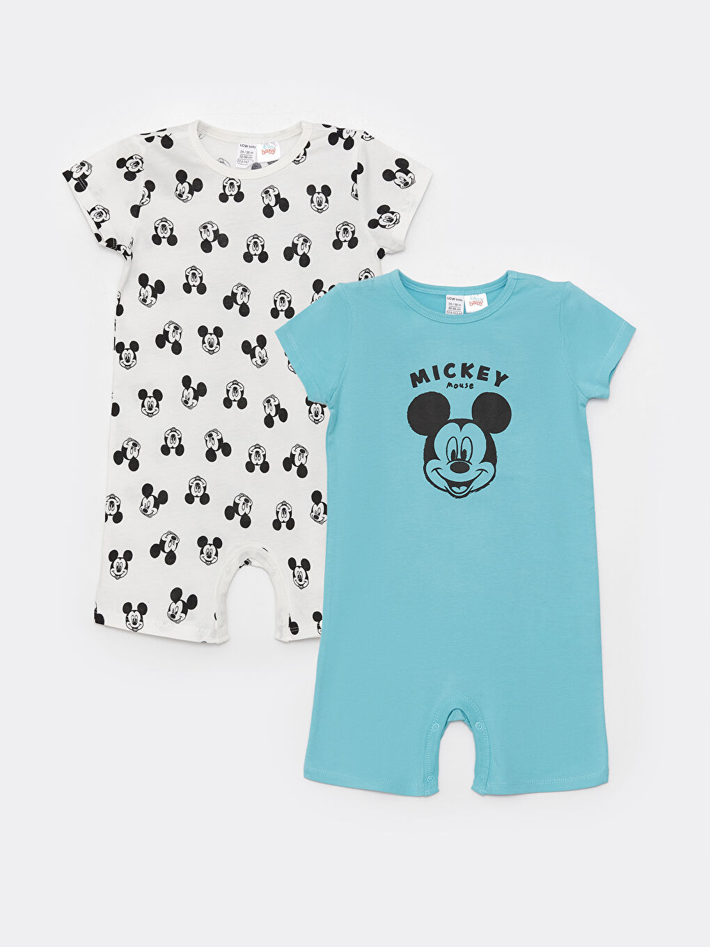 LCW baby Turkuaz Bisiklet Yaka Kısa Kollu Mickey Mouse Baskılı Erkek Bebek Tulum 2'li