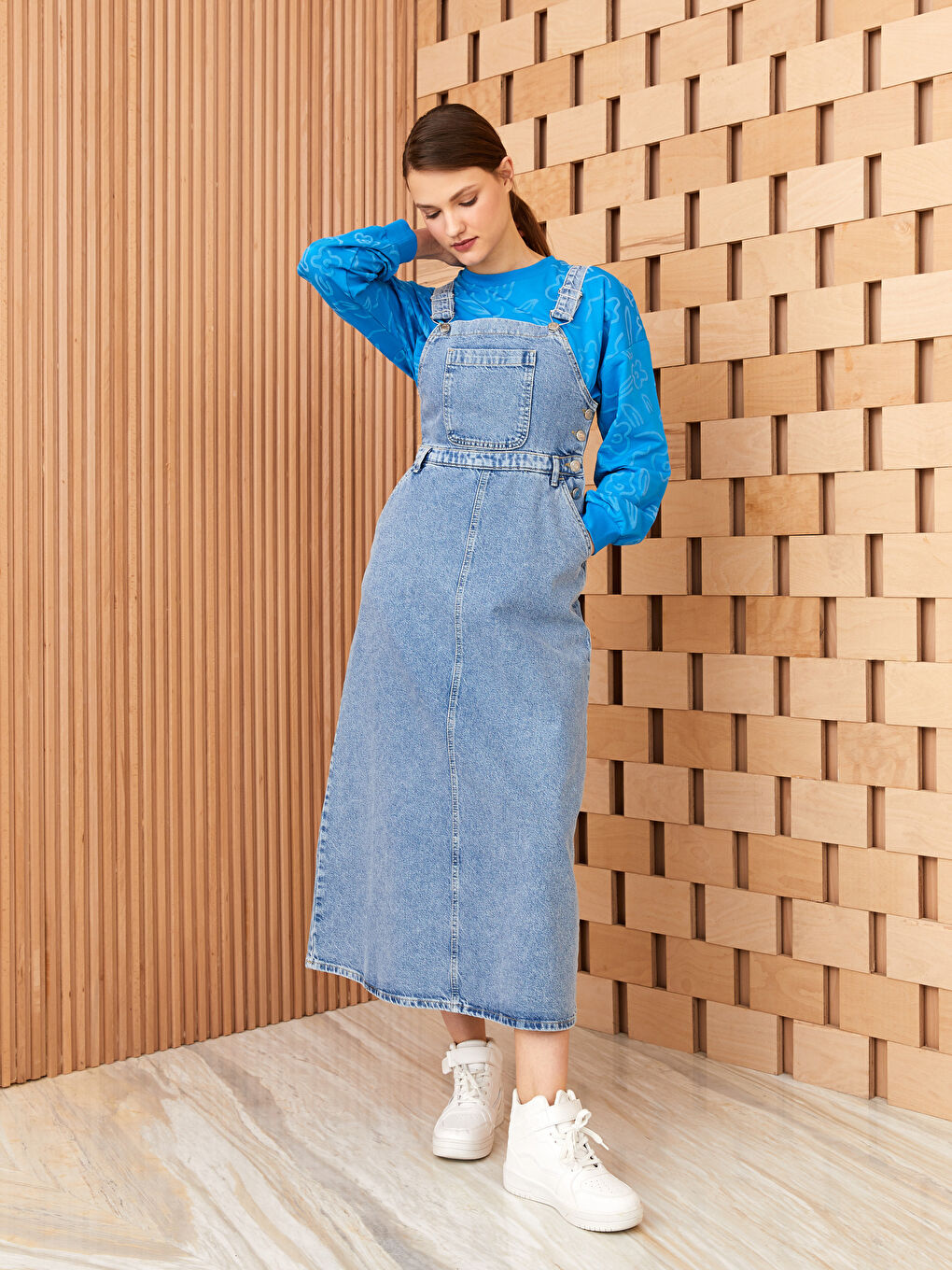 İndigo Kare Yaka Düz Askılı Kadın Jean Elbise