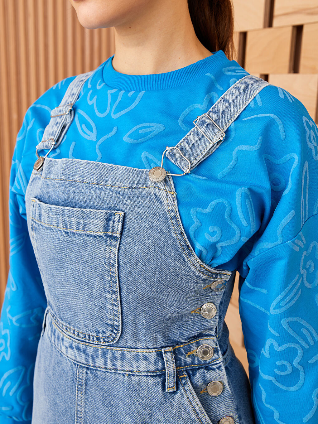 İndigo Kare Yaka Düz Askılı Kadın Jean Elbise-3