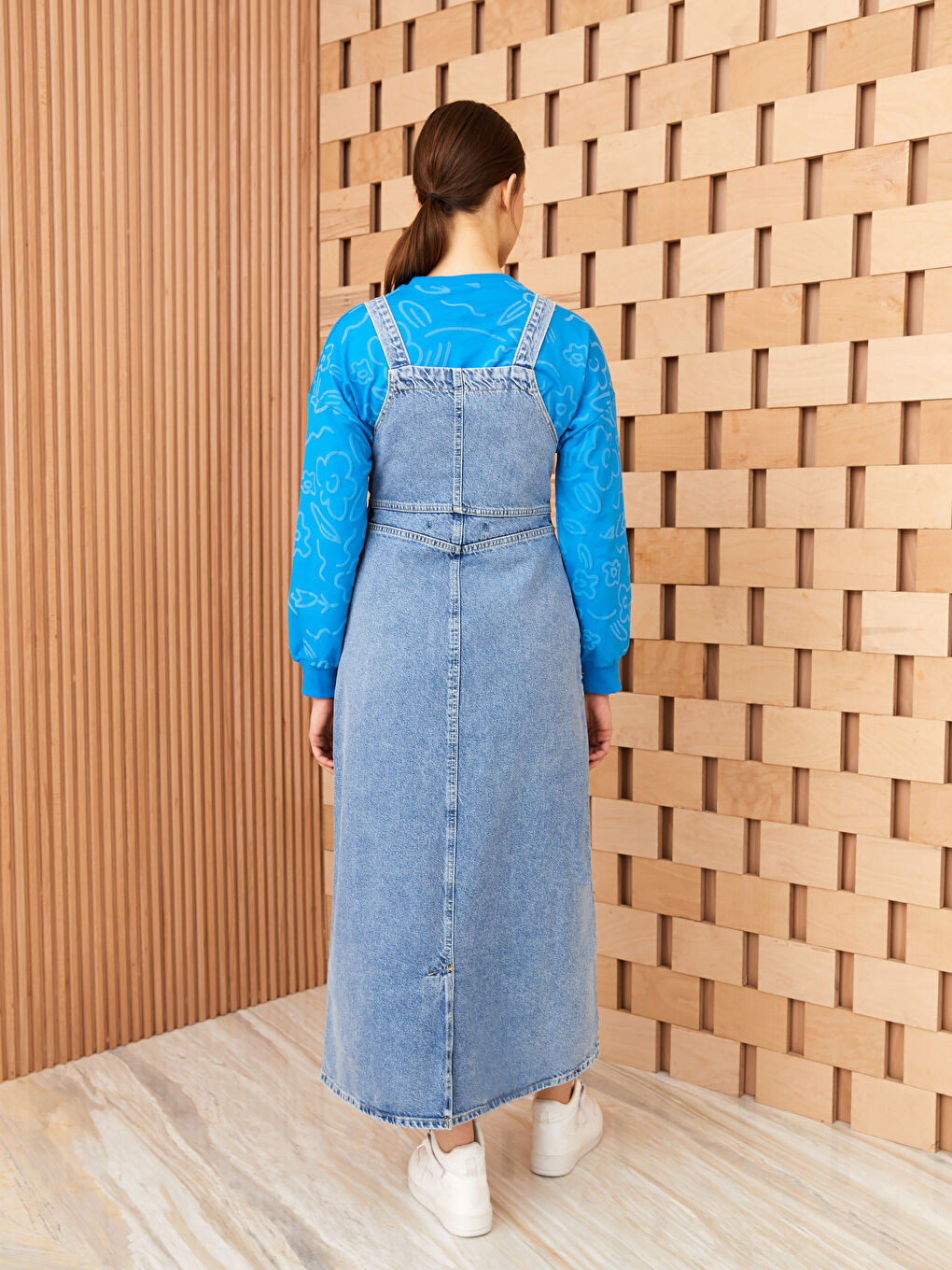 İndigo Kare Yaka Düz Askılı Kadın Jean Elbise-4