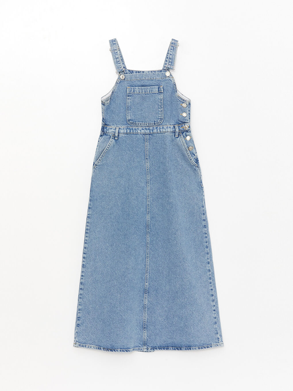 İndigo Kare Yaka Düz Askılı Kadın Jean Elbise-5