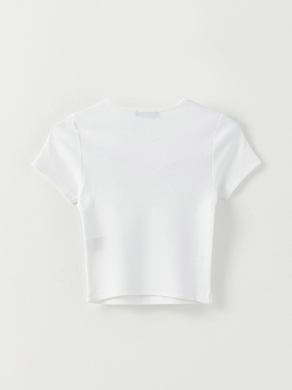 Beyaz Bisiklet Yaka Düz Kısa Kollu Kadın Crop-6