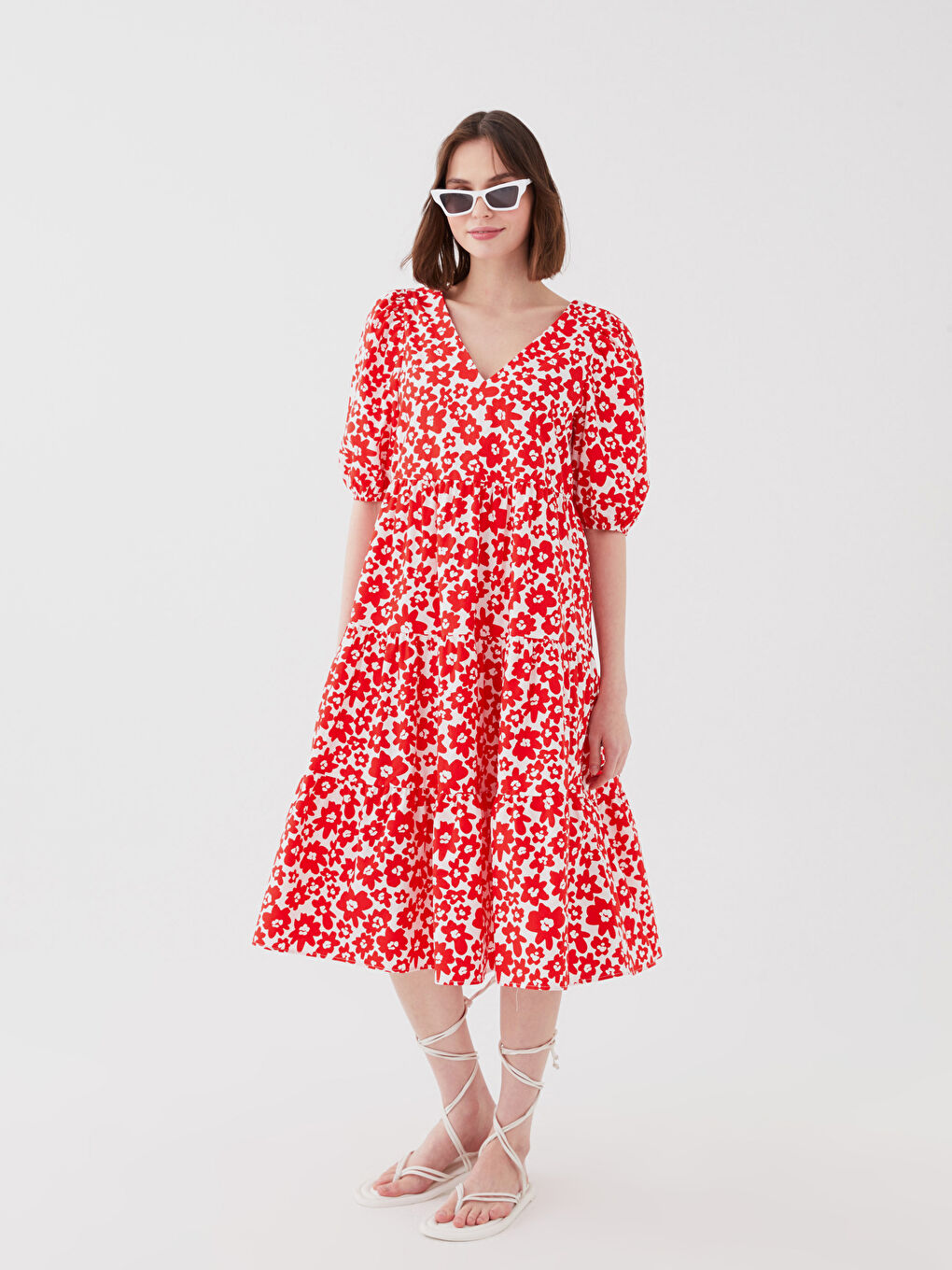 Kırmızı V Yaka Çiçekli Kısa Kollu Poplin Kadın Elbise-4