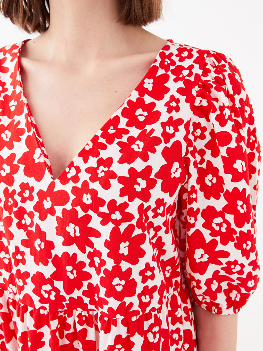 Kırmızı V Yaka Çiçekli Kısa Kollu Poplin Kadın Elbise-6