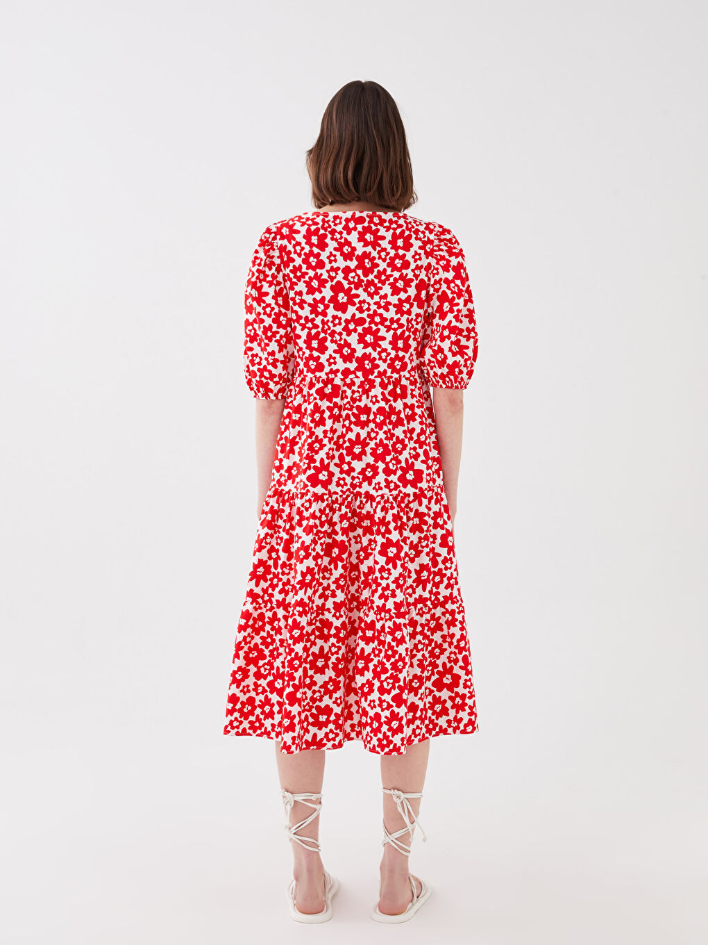 Kırmızı V Yaka Çiçekli Kısa Kollu Poplin Kadın Elbise-7