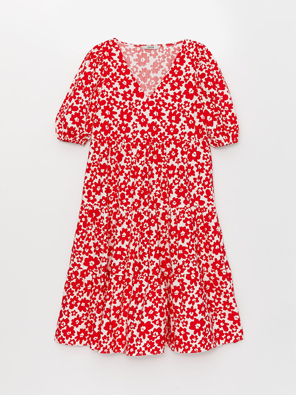 Kırmızı V Yaka Çiçekli Kısa Kollu Poplin Kadın Elbise-8