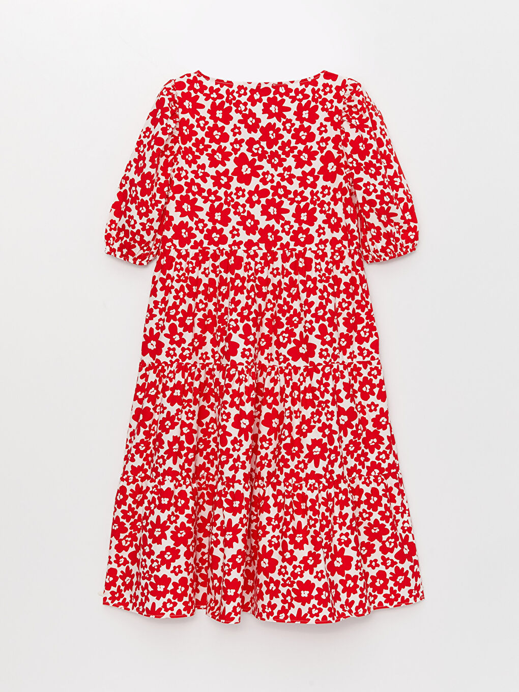 Kırmızı V Yaka Çiçekli Kısa Kollu Poplin Kadın Elbise-9