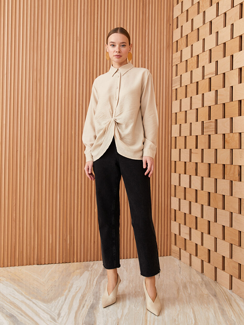 Блуза с яка, изчистена, с дълъг ръкав за жени-2