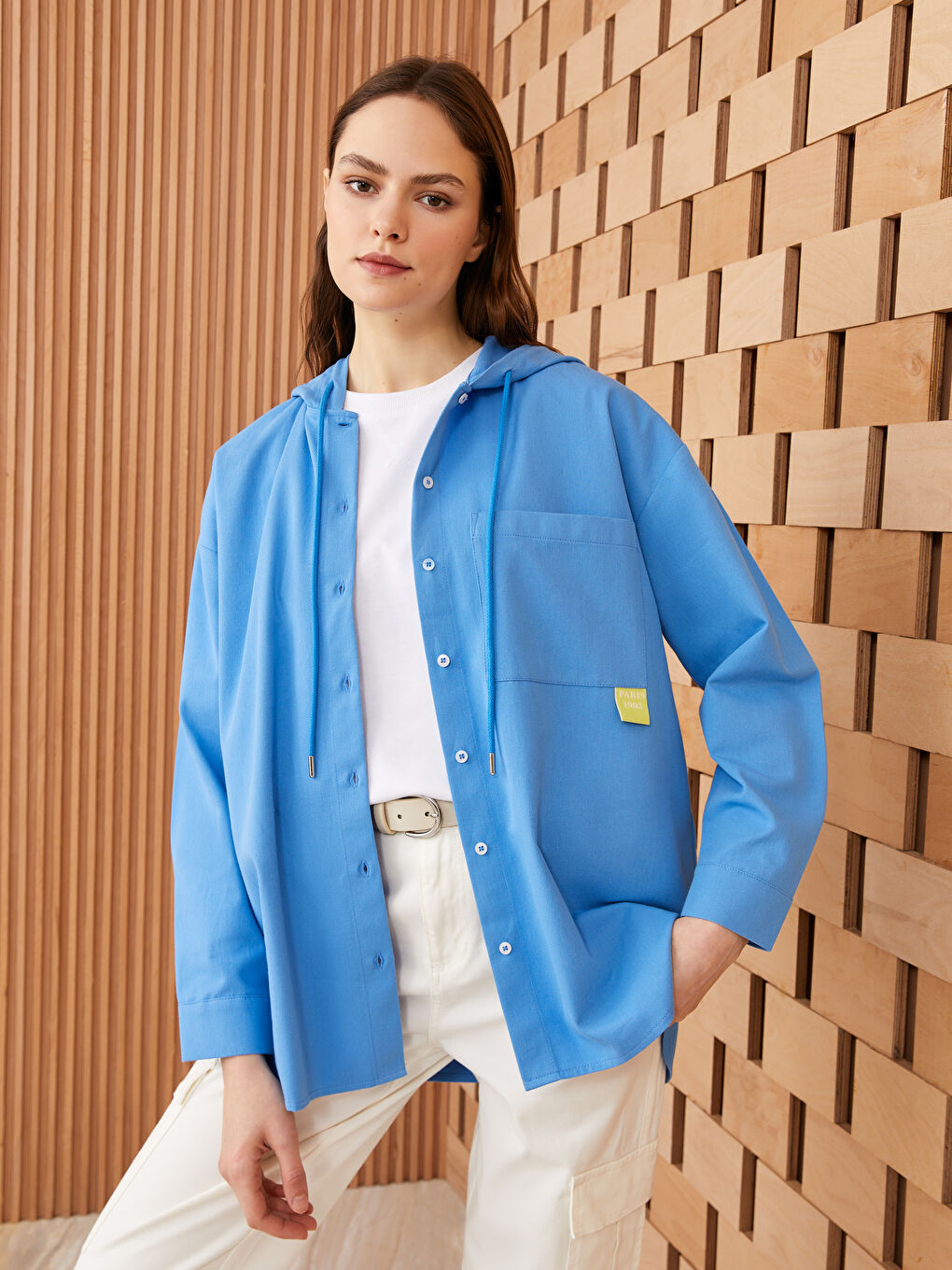 Mavi  Kapüşonlu Düz Uzun Kollu Poplin Kadın Tunik-1