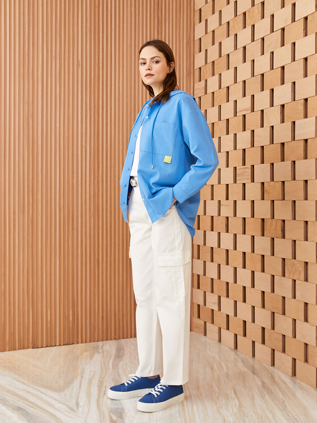 Mavi  Kapüşonlu Düz Uzun Kollu Poplin Kadın Tunik-2