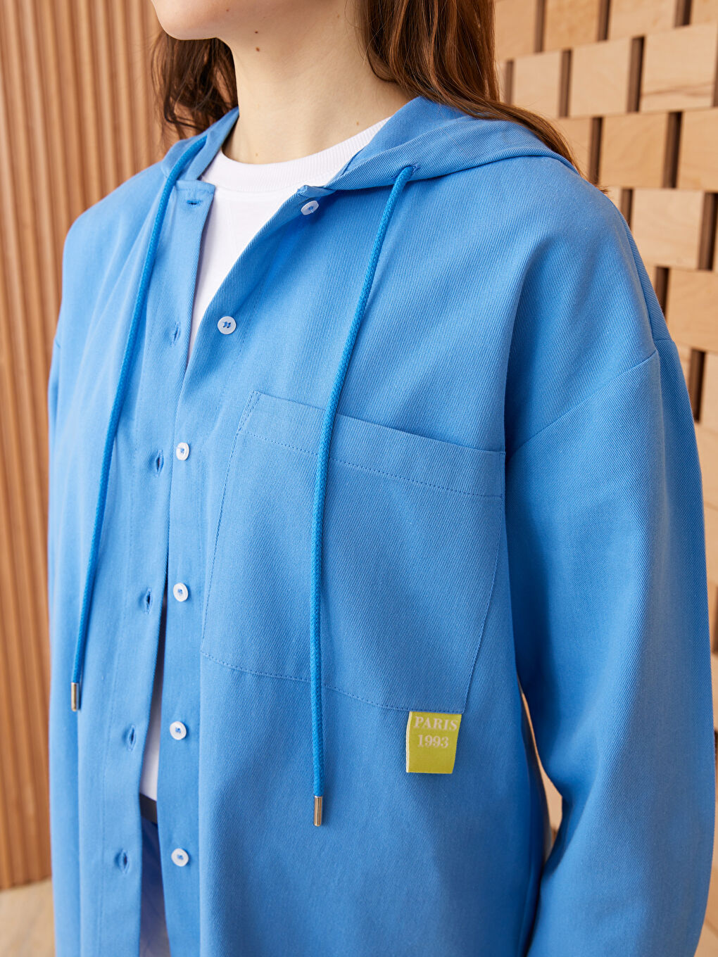 Mavi  Kapüşonlu Düz Uzun Kollu Poplin Kadın Tunik-3