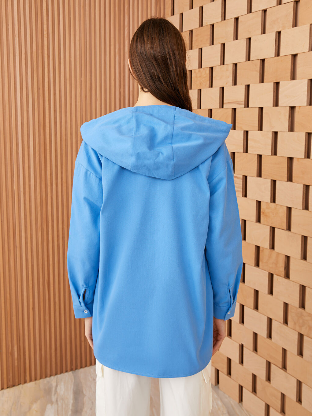 Mavi  Kapüşonlu Düz Uzun Kollu Poplin Kadın Tunik-4