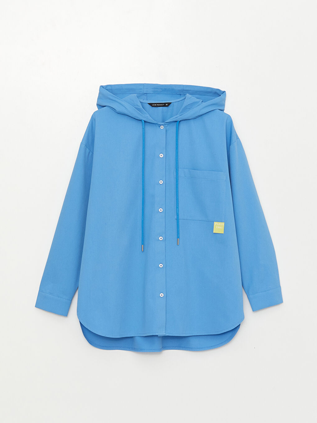 Mavi  Kapüşonlu Düz Uzun Kollu Poplin Kadın Tunik-5
