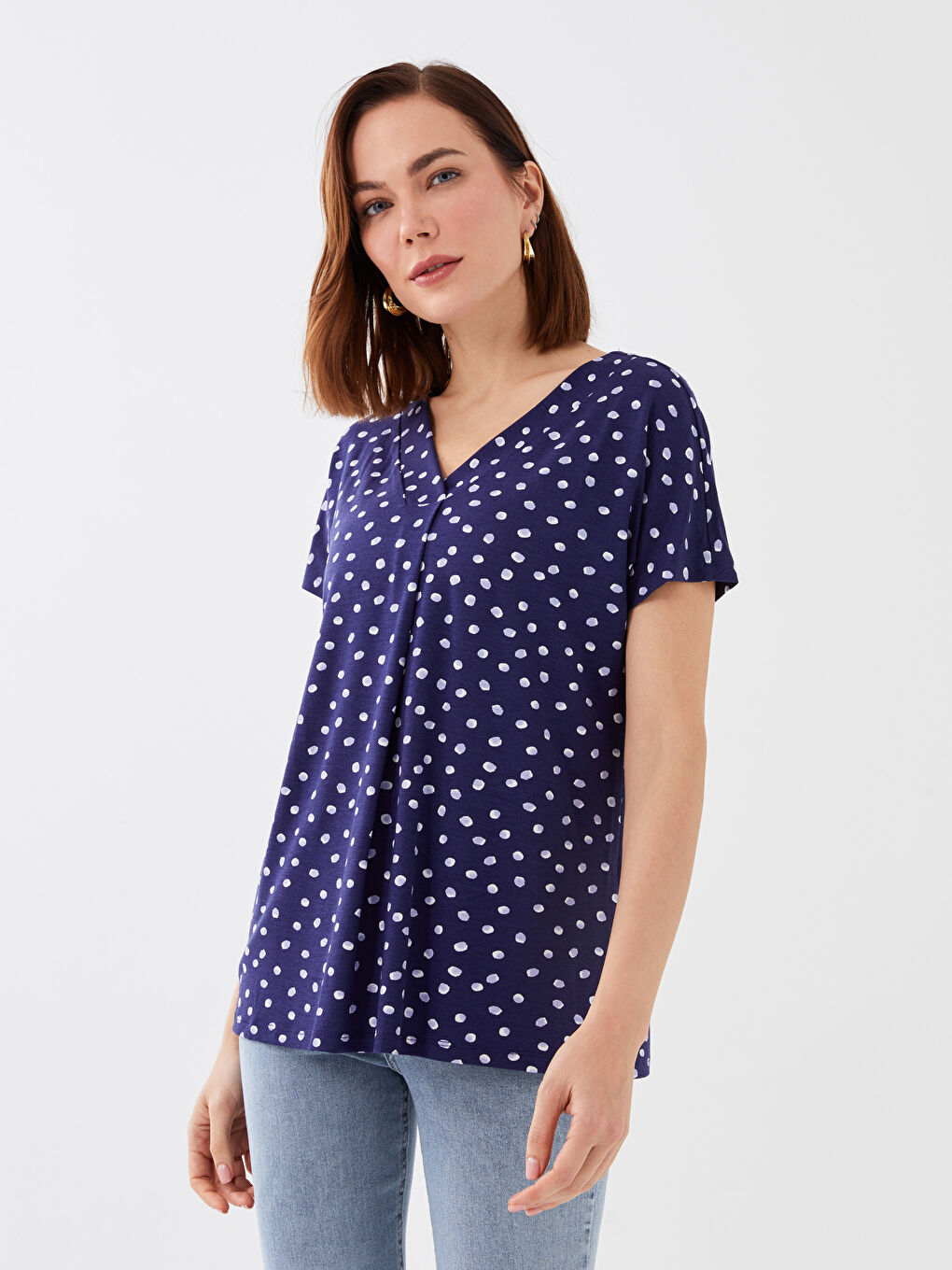V-Neck Patterned Short Sleeve Women's T-Shirt