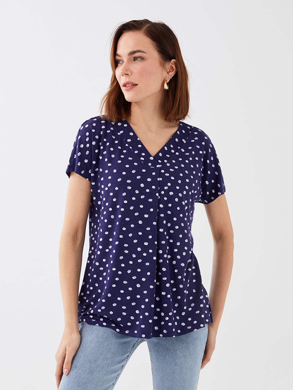 V-Neck Patterned Short Sleeve Women's T-Shirt-1