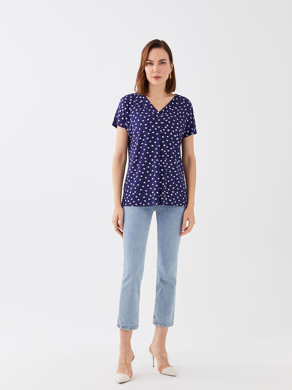 V-Neck Patterned Short Sleeve Women's T-Shirt-2