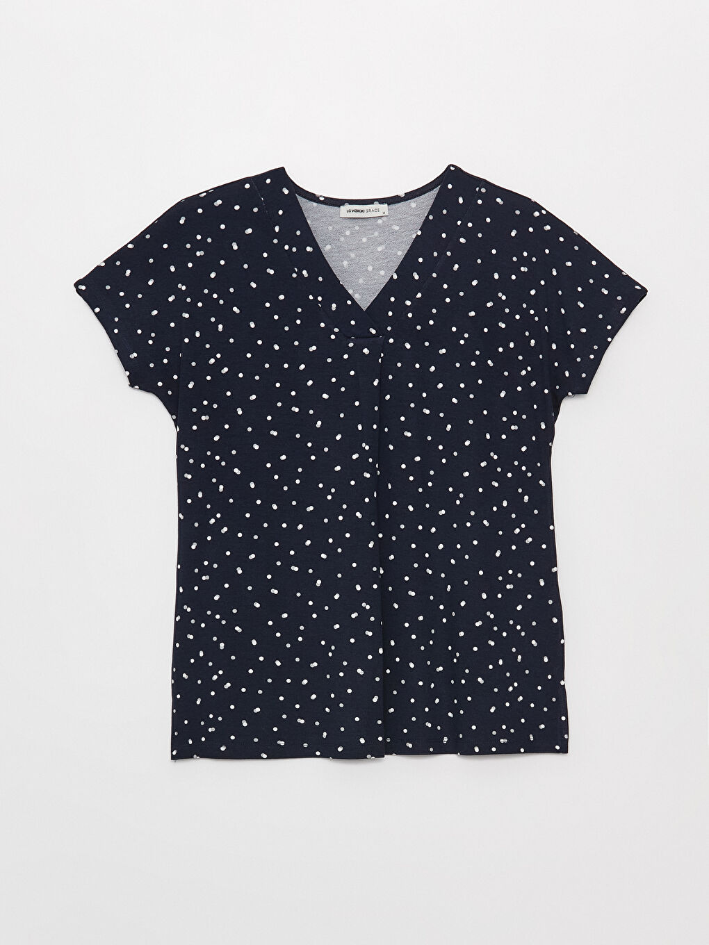 Lacivert V Yaka Puantiyeli Kısa Kollu Kadın Tişört-5