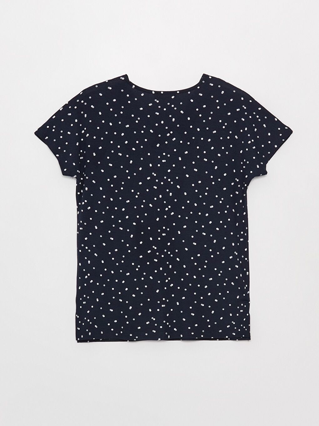 Lacivert V Yaka Puantiyeli Kısa Kollu Kadın Tişört-6