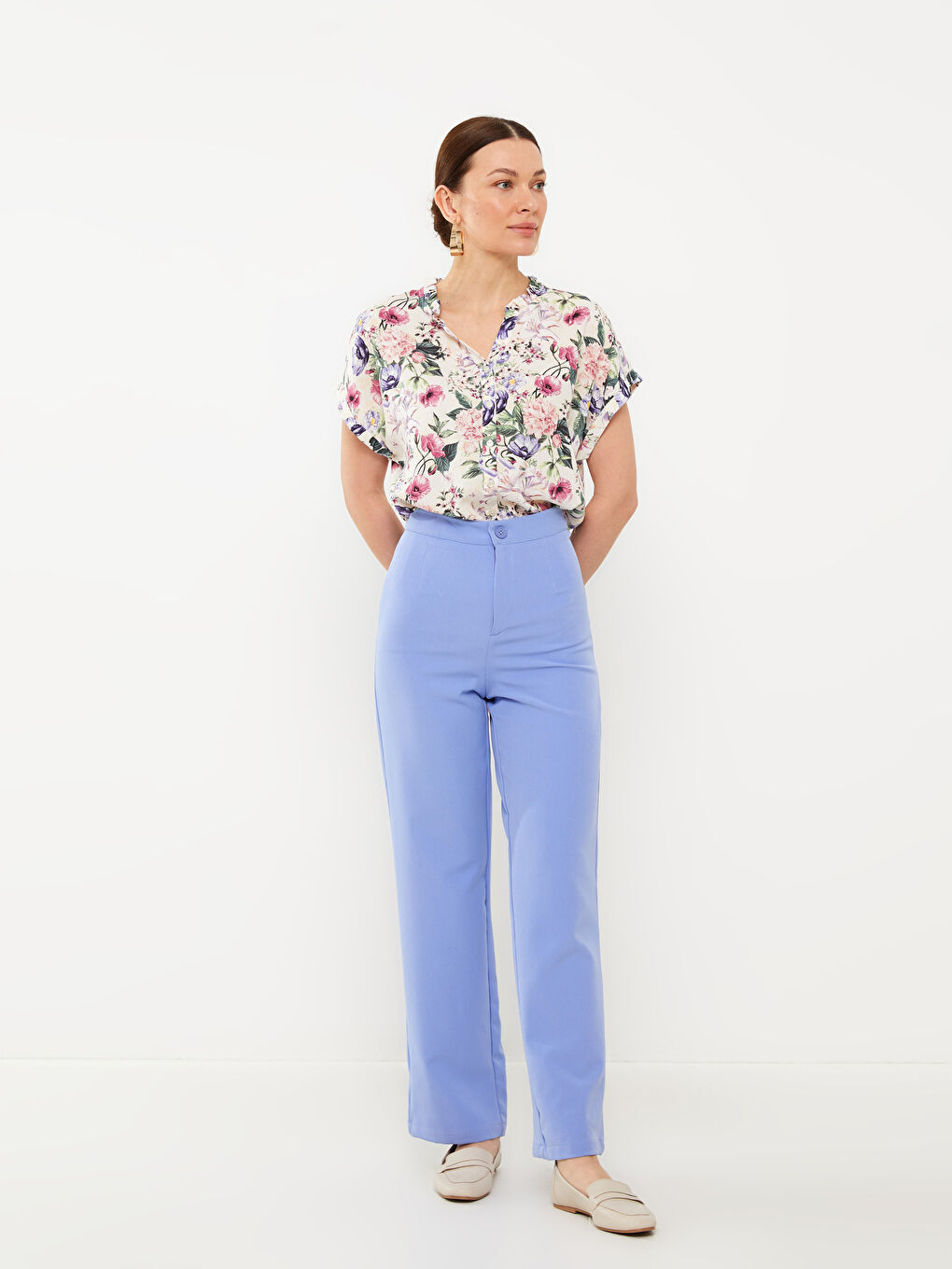 Женская рубашка с круглым вырезом, цветочным принтом и коротким рукавом-3