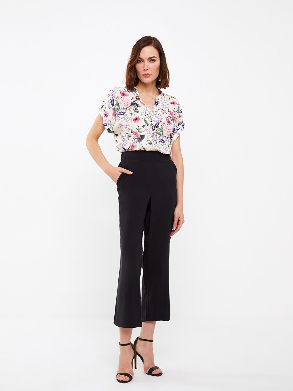 Женская рубашка с круглым вырезом, цветочным принтом и коротким рукавом-4