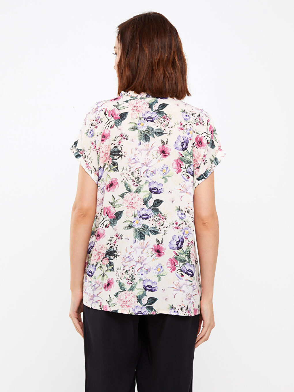 Женская рубашка с круглым вырезом, цветочным принтом и коротким рукавом-8