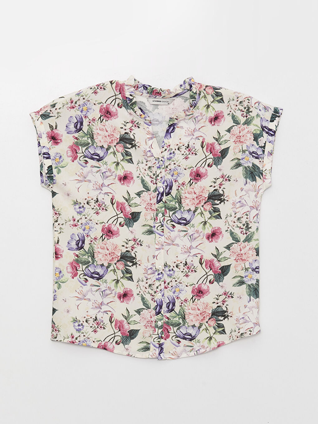 Женская рубашка с круглым вырезом, цветочным принтом и коротким рукавом-10