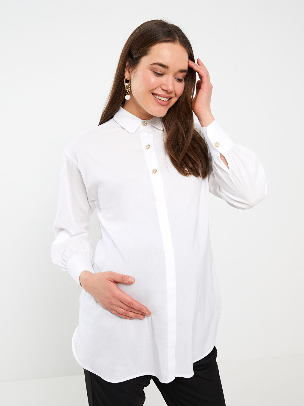 LCWAIKIKI Maternity Ekru Düz Uzun Kollu Poplin Hamile Gömlek Tunik