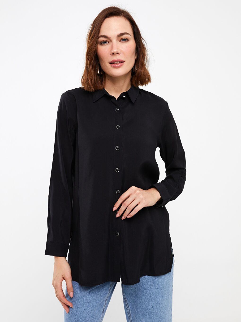 Siyah Düz Uzun Kollu Kadın Gömlek Tunik