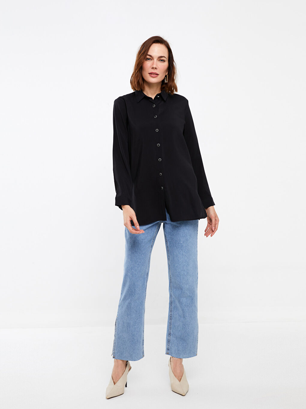 Siyah Düz Uzun Kollu Kadın Gömlek Tunik-1