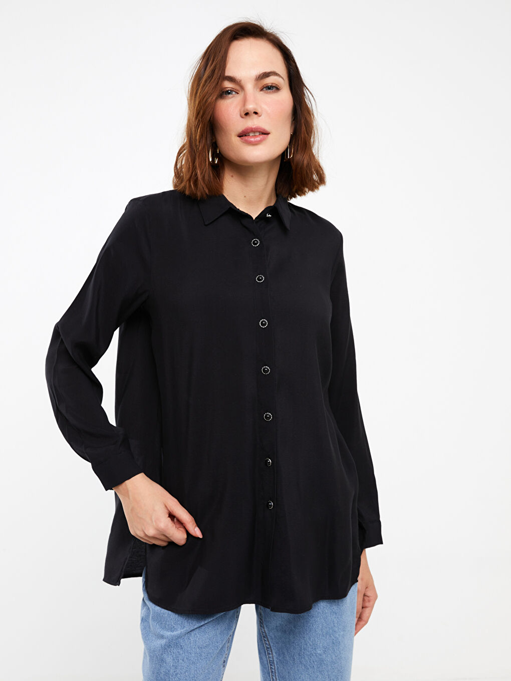 Siyah Düz Uzun Kollu Kadın Gömlek Tunik-2
