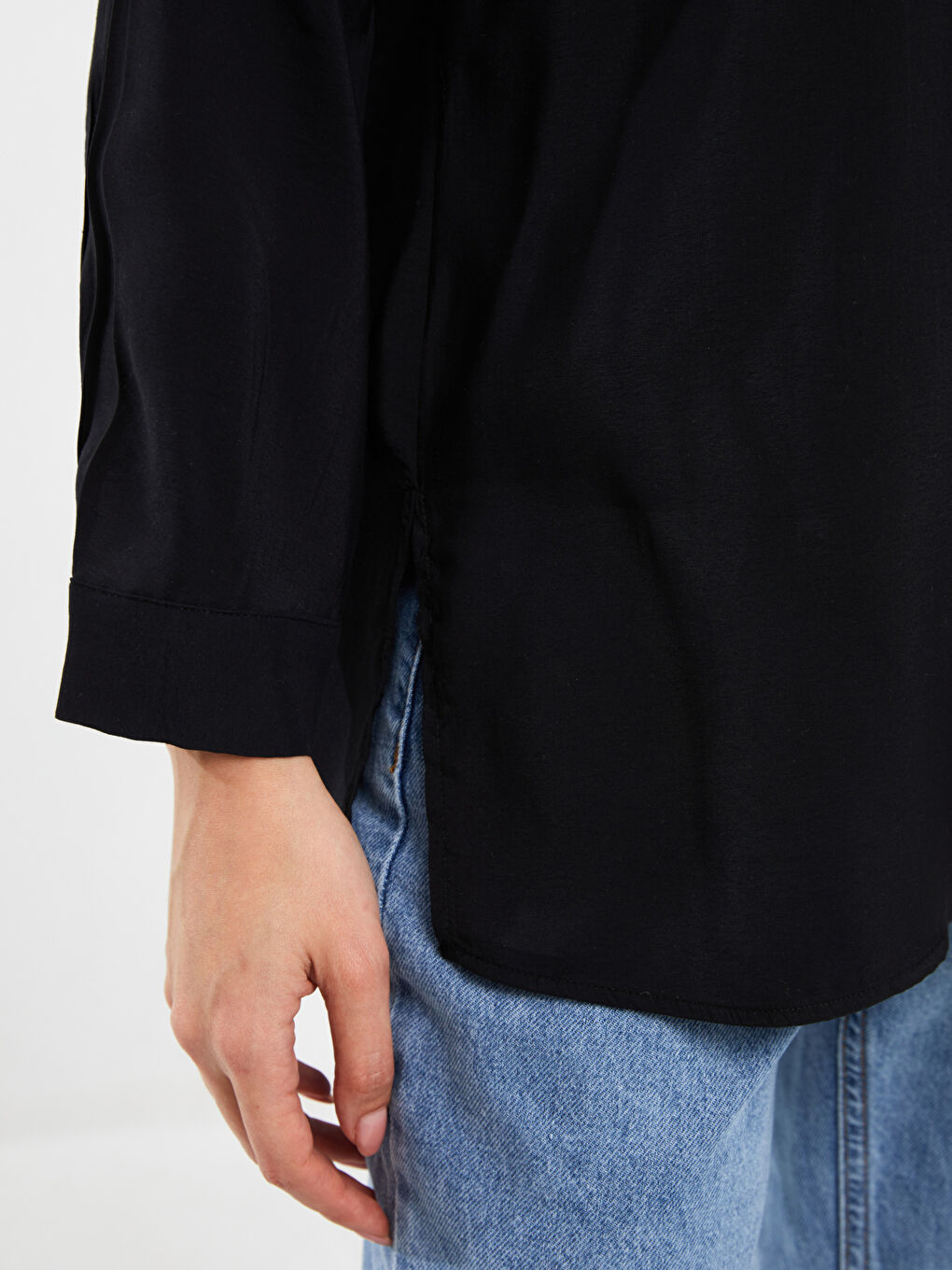 Siyah Düz Uzun Kollu Kadın Gömlek Tunik-3