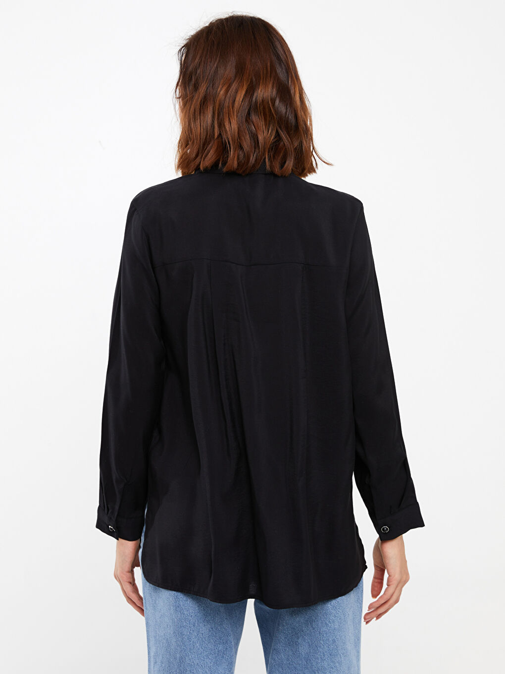 Siyah Düz Uzun Kollu Kadın Gömlek Tunik-4