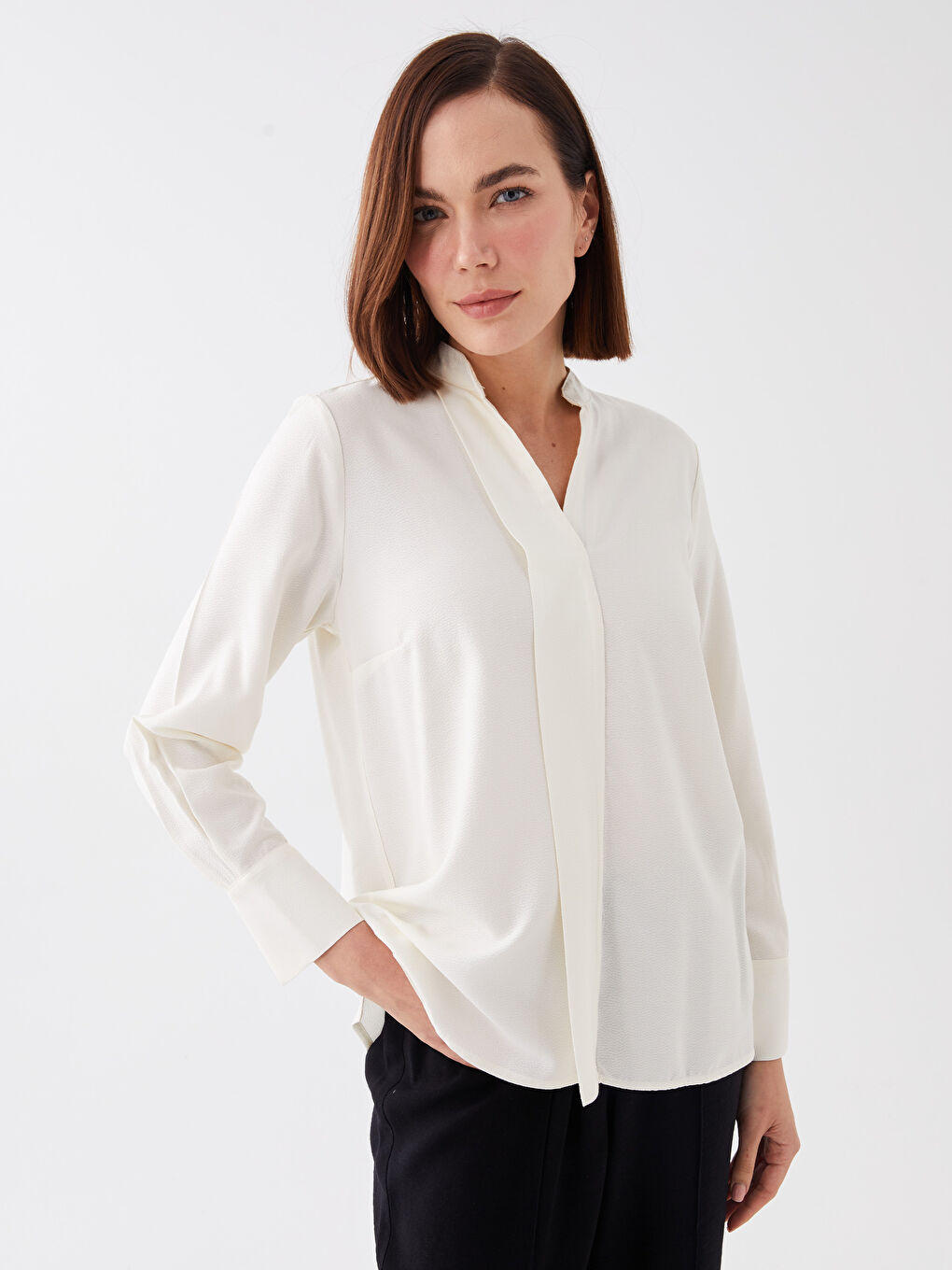 LCW Grace Notch Neck Plain Long Sleeve Women's Blouse -S3EQ75Z8-G5N