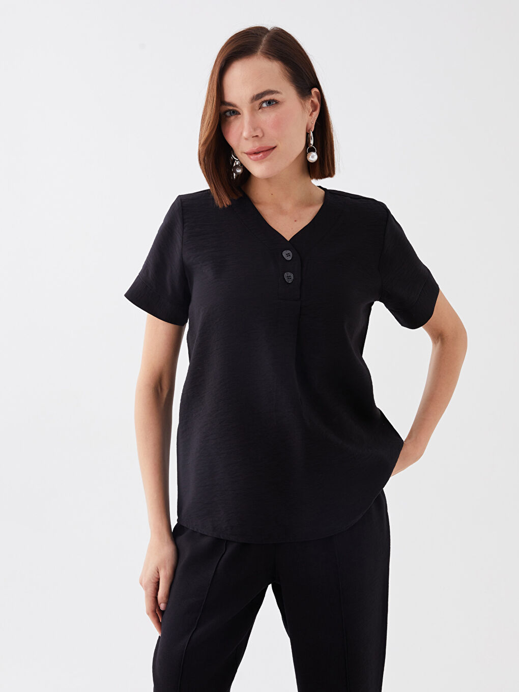 V-Ausschnitt Schlichte Kurzarm Bluse für Damen