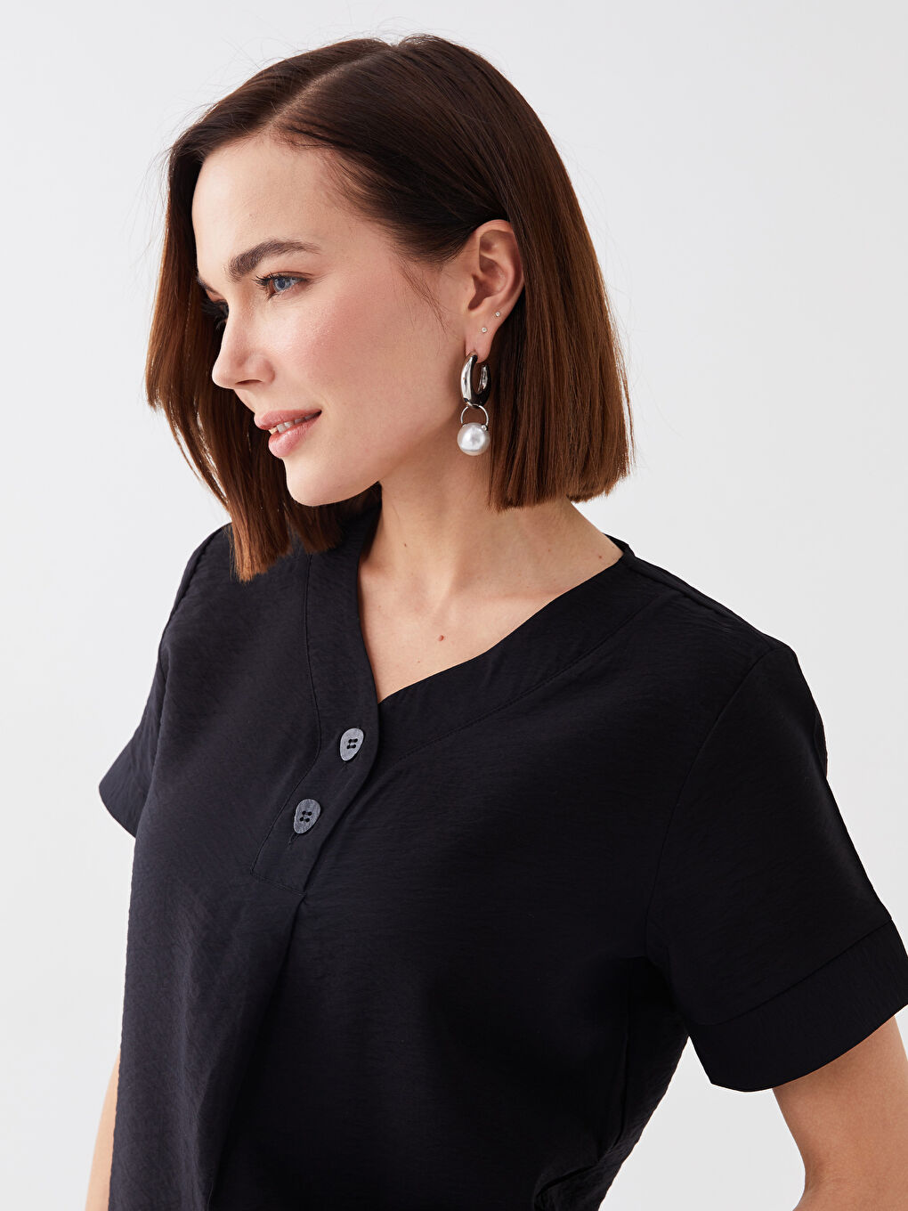 V-Ausschnitt Schlichte Kurzarm Bluse für Damen-2