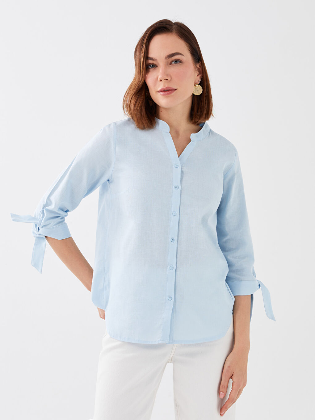 Mavi Kadın Kaçık Yaka Düz Gömlek