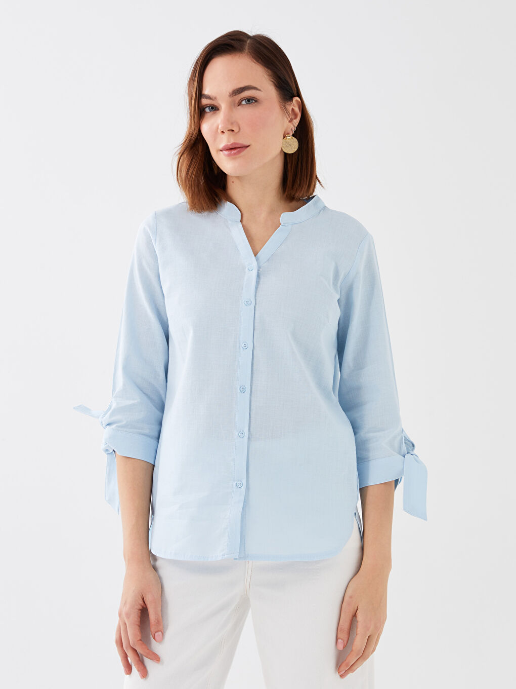 Mavi Kadın Kaçık Yaka Düz Gömlek-1