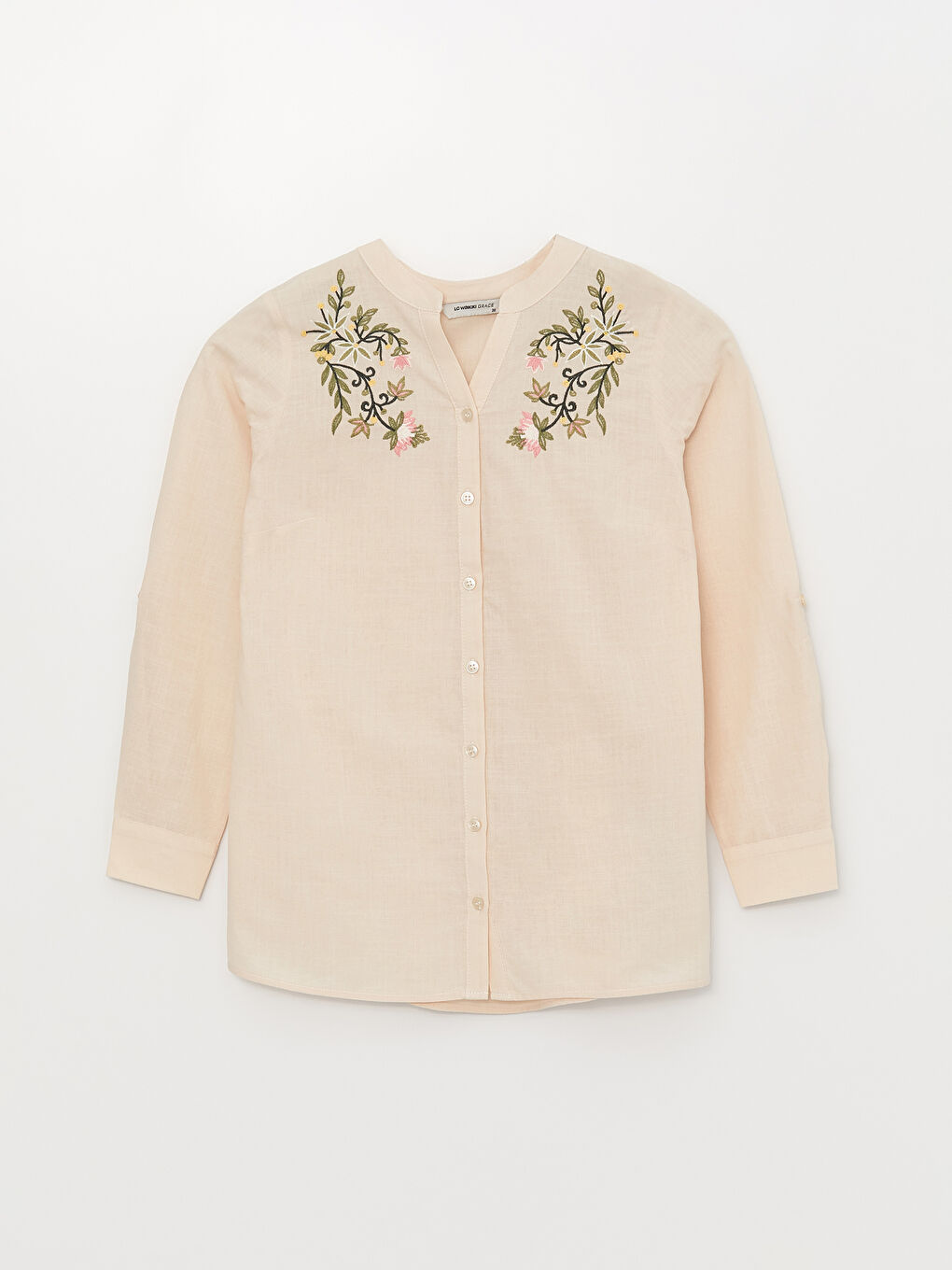 Ekru Kaçık Yaka Nakışlı Uzun Kollu Kadın Gömlek-5